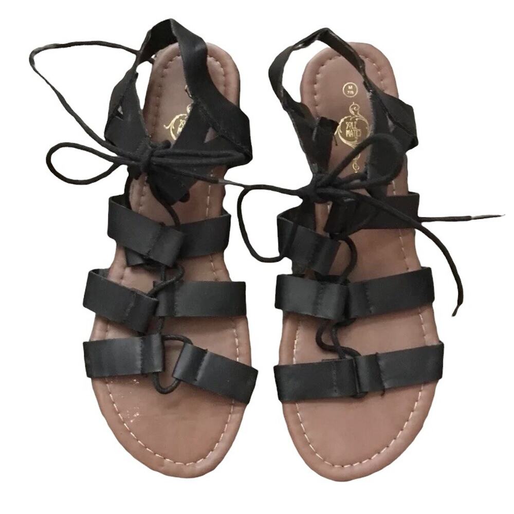 Sole Mates Lace Up Gladiator Sandals Womens 7-8 Black Strappy Open Toe Ankle Tie